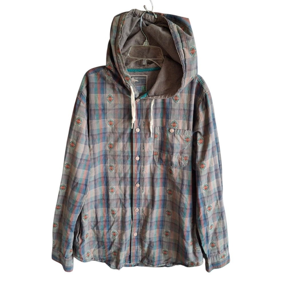 Modern Amusement Men L Flannel Hooded Shirt Plaid Geo Pueblo Southwestern Gray